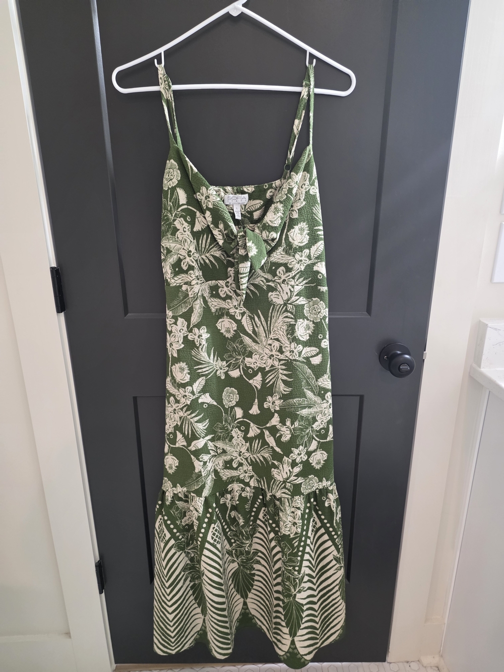 Olive Green Tropical Maxi Dress with Front Knot